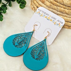 Turquoise Wood Statement Earrings: Boho Chic Dangle, Lightweight
