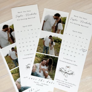 May include: Wedding announcement cards with photos of a couple kissing and embracing. The cards feature the text "Mark The Date" and "Save the Date" with the names "Taylor & Nicholas" and the date "04.18.2026". A calendar for April 2026 is also included.