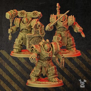May include: Three gold-coloured miniature figurines of armoured warriors. One holds a large hammer, another a sword, and the third has a double-barrelled weapon and claw. Each figure stands on a circular base, showcasing intricate armour details.