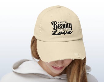 Truth Beauty Freedom Love Distressed Cap | Moulin Rouge Boho Inspirational Typography Script Hat