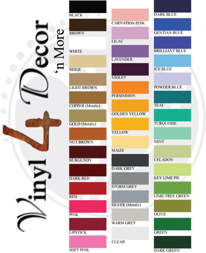 May include: A chart of 36 color swatches with names for each color. The colors include black, brown, white, beige, light brown, copper, gold, nut brown, burgundy, dark red, red, pink, lipstick, soft pink, carnation pink, lilac, lavender, violet, persimmon, golden yellow, yellow, maize, dark grey, storm grey, silver, warm grey, clear, dark blue, gentian blue, brilliant blue, ice blue, powder blue, teal, turquoise, mint, celadon, key lime pie, lime-tree green, olive, green, and dark green.