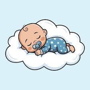 May include: A cartoon illustration of a sleeping baby lying on a white cloud. The baby is wearing a blue onesie with white star patterns and has a pacifier in its mouth. The background is a light blue color.