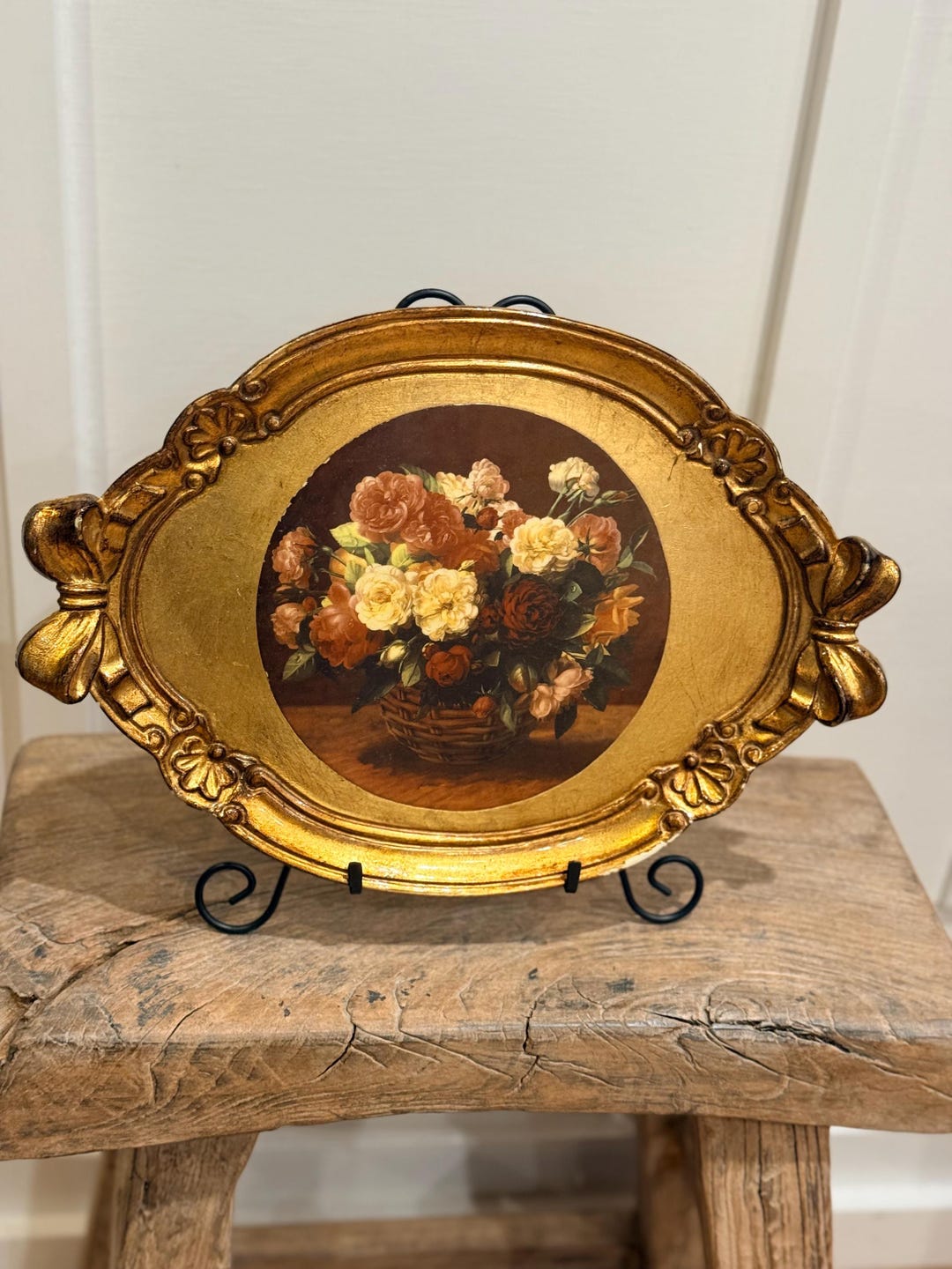 Vintage Italian Florentine Floral Serving Tray – Hand Painted Gold Gilt ...