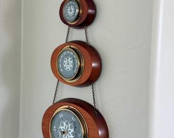 Vintage Swift & Anderson Weather Station | Teak Brass MCM Barometer Thermometer Hygrometer