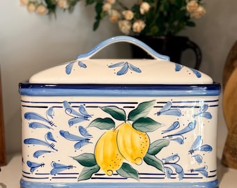 Caja para pan de limón Inspirado Seattle, tarro para galletas de cerámica Stonelite, bote de cocina azul y blanco con tapa, decoración de cocina de estilo italiano