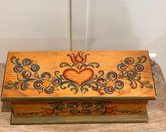 Tole Painted Folk Art Wooden Box – 12" Long Vintage Storage with Hand-Painted Design