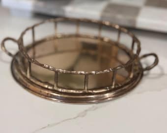 Vintage Brass Faux Bamboo Gallery Tray, Round Hollywood Regency Vanity Tray, Palm Beach Decor, Chinoiserie Brass Catchall