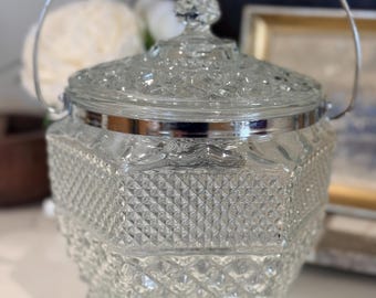 Vintage Anchor Hocking Wexford Ice Bucket, Diamond Cut Glass Barware, Mid Century Ice Bucket, Retro Cocktail Bar Decor