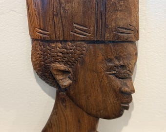 Vintage Hand-Carved Wooden African-Style Bust Sculpture | Mid-Century Tribal Decor
