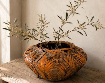 Vintage Japanese Ikebana Flower Basket, Woven Bamboo Footed Basket, Sculptural Centerpiece