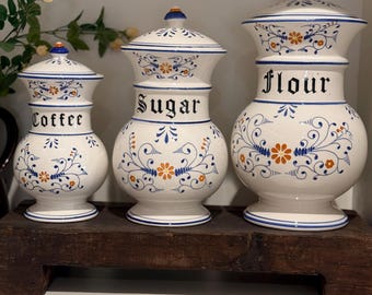 Vintage Royal Sealy Heritage Canister Set, 1950s Blue & White Kitchen Canisters, Coffee Sugar Flour, Cottage Farmhouse Decor