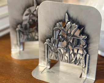 Vintage Metzke Floral Pewter Bookends – Art Nouveau Style Pair
