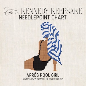 May include: The Kennedy Keepsake needlepoint chart titled Aprés Pool Girl features a pixelated design of a figure in a black swimsuit holding a blue and white patterned towel. The digital download includes an 18 mesh design on a textured background.