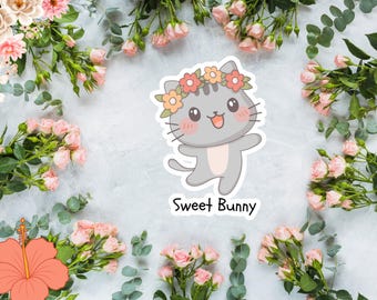 Pegatina de conejito kawaii – Gatito floral PNG para agendas digitales (descarga digital)