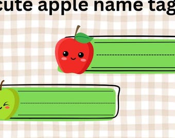May include: Two cute apple name tags. One red apple and one green apple with smiling faces. Each apple is next to a green rectangle with a black outline and dotted lines for writing.