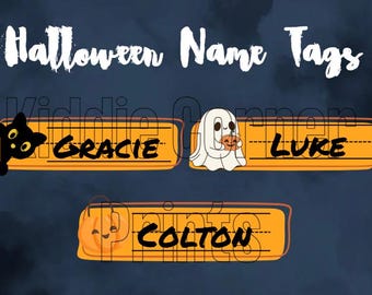 Puede incluir: Etiquetas con nombres con temática de Halloween con el texto "Halloween Name Tags". Las etiquetas son rectángulos naranjas con nombres como "Gracie", "Luke" y "Colton". Cada etiqueta presenta un gráfico de Halloween: un gato negro, un fantasma y una calabaza.