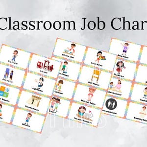 Op de afbeelding: Een klasjobkaart met de titel "Classroom Job Chart". De kaart toont kleurrijke illustraties van klasjobs zoals klassenleider, kalenderbewaarder en vuilnisbewaker. De illustraties zijn omlijst met een regenboogrand.