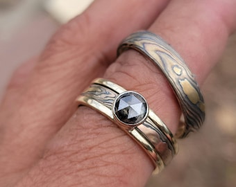 Rose cut moissanite Gold and Sterling Mokume Gane Band with Ring Guard