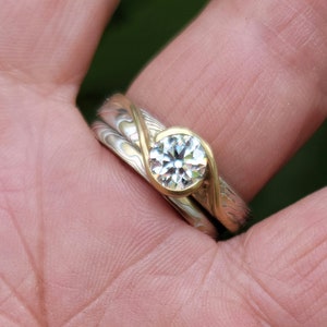 18k Yellow gold mokume gane engagement ring with unique solitaire setting