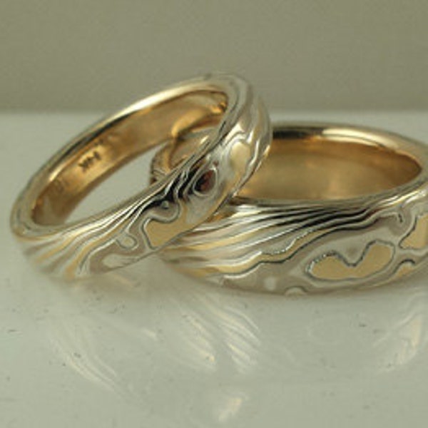 Mokume gane wedding band set etched 18k yellow gold 14k palladium white gold with sterling silver