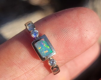 Genuine solid Australian opal ring colorful broad flash Fire Opal with diamonds