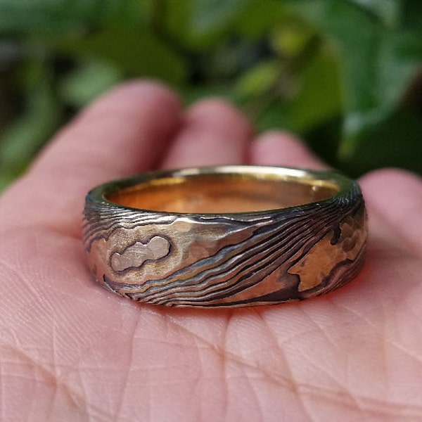 Rustic Hammered gold wood grain wedding band tri gold with etched sterling mokume gane for Vintage look and feel
