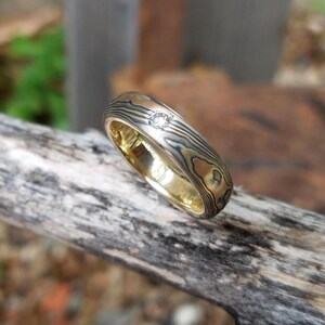 Mokume Gane Wedding Band: Tri Gold & Silver Wood Grain Ring, Diamond Inset