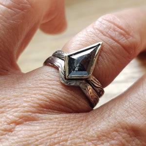 Kite engagement ring unique Mokume Gane black diamond