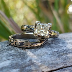 Princess cut unique solitaire set with mokume gane sturdy setting