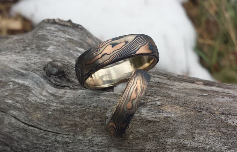 Rustic Wood Grain Wedding Band Set Tri Color Mokume Gane With Etsy