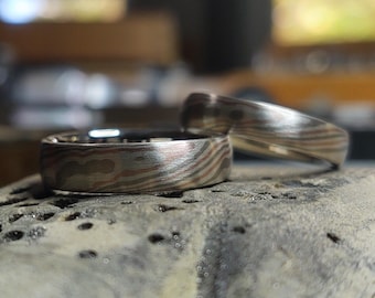 Tri Color Mokume Gane Wedding Band set