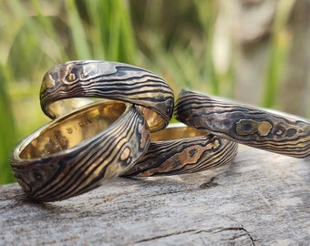 Man ring Rustic Hammered gold mokume gane wood grain wedding band Vintage look and feel