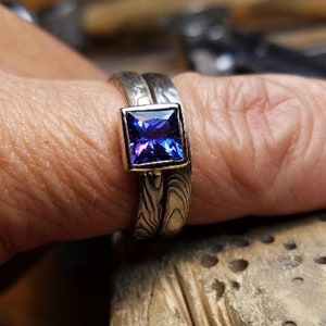 Square cut unique solitaire with mokume gane sturdy setting made to order