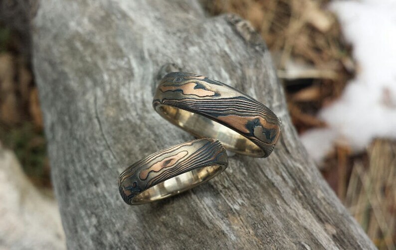 Rustic Wood Grain Wedding Band Set Tri Color Mokume Gane With Etsy