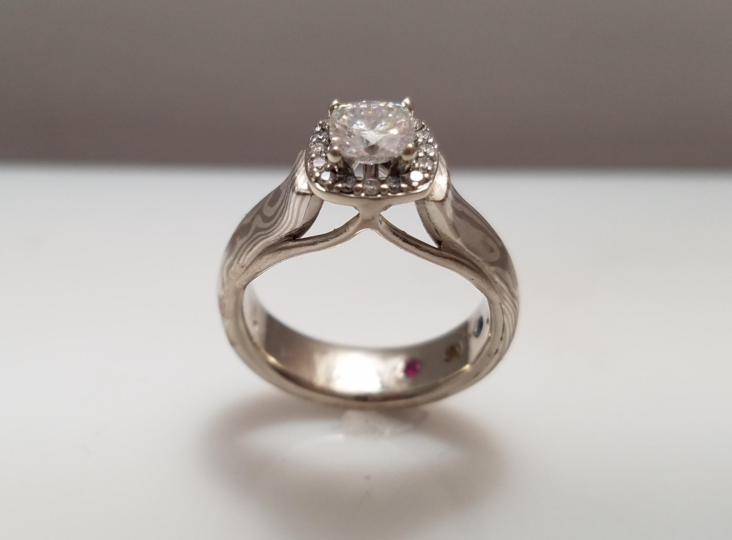 Moissanite halo engagement ring Mokume Gane Ring with cushion cut ...