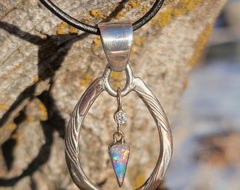 Mokume gane pendant with Genuine solid Australian opal and diamond accent pendant in 14k gold