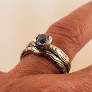 Earthy style sapphire engagement ring solitaire with band mokume gane White Gold, yellow gold and Sterling