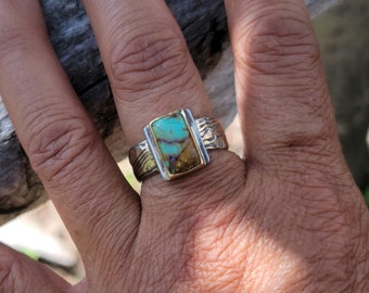 Rustic gold mokume gane wedding band with turquoise