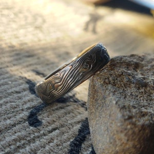 Mokume gane wedding band with nature movement tri gold and sterling Vintage look and feel