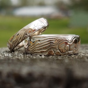 High polish Mokume gane wedding band set etched Gold and silver