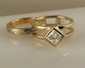 Ring Guard for Princess cut moissanite with band tri color Mokume Gane