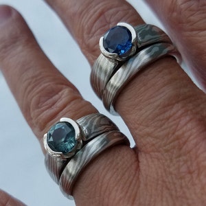 Sapphire Solitaire Engagement Ring White Gold and Sterling Mokume Gane with half bezel