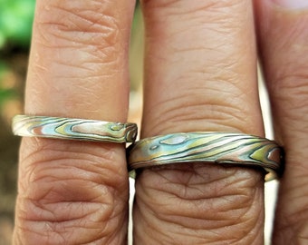 Unique matching wedding bands mokume gane set tri gold