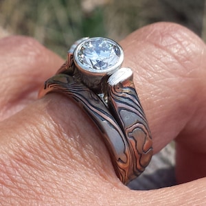 Mokume gane engagement Made to order custom made in tri color full bezel mounting