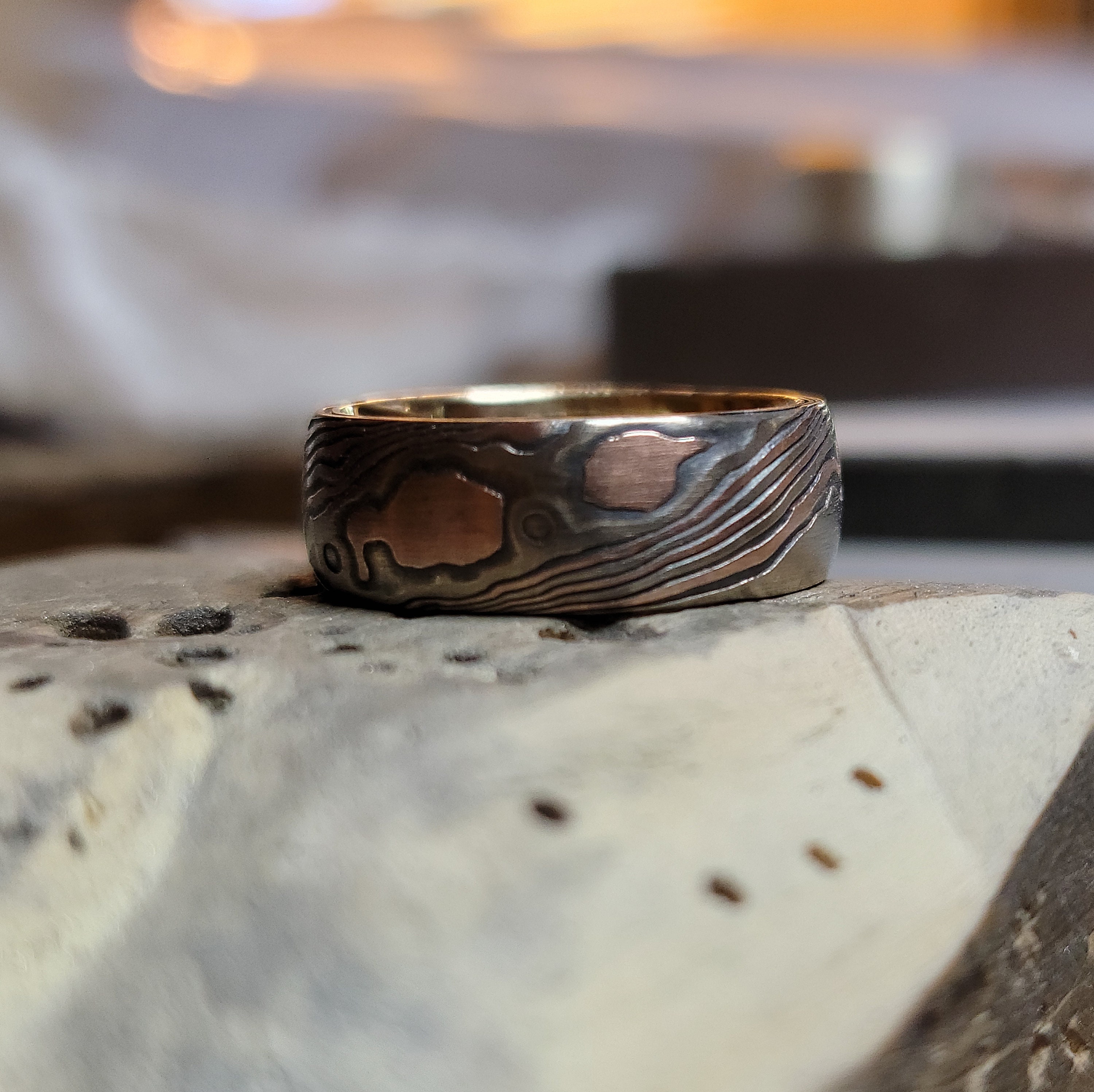 Rustic wood grain wedding band set tri color mokume gane with red gold