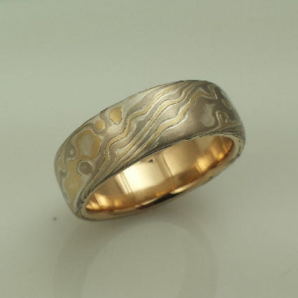 Artisan crafted wood grain wedding band etched mokume gane 14k palladium white gold 18y yellow gold and sterling