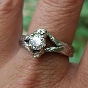 Leaf nature engagement ring Mokume Gane ring unique white gold and sterling