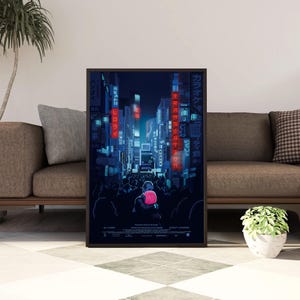 May include: A framed vertical poster featuring a dark, cinematic city street scene at night with glowing blue and red neon signs. In the foreground, a couple stands in a crowd, with one person having bright pink hair. The text reads "TRANSLATION".