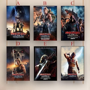 Puede incluir: Seis pósteres de la película Masters of the Universe etiquetados de la A a la F. Cada póster muestra personajes como He-Man y Skeletor en escenas cinematográficas dramáticas con el logo de Masters of the Universe y fechas de estreno.