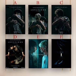 Peut inclure: Six affiches de film intitulées LEVITICUS étiquetées de A à F. Les affiches A, B et C montrent deux personnes s'enlaçant. L'affiche D montre une personne agenouillée avec un reflet. L'affiche E montre deux personnes face à face. L'affiche F montre un briquet allumé.